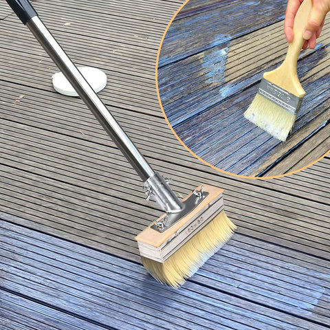 7-Inch Deck Stain Brush Applicator with 60-Inch Long Handle showing even application on wooden deck with synthetic bristles