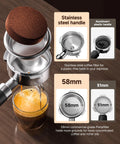 Pro Barista 15 Bar Espresso Machine With Precision 58 Millimeter Portafilter with stainless steel handle and espresso pouring into glass.