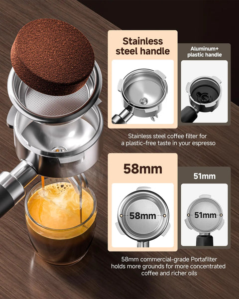 Pro Barista 15 Bar Espresso Machine With Precision 58 Millimeter Portafilter with stainless steel handle and espresso pouring into glass.