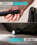 TX11 Tactical Flashlight With Duty Belt Holster, 1600 Lumen LED, shown with knurling grip and durable shell under tire