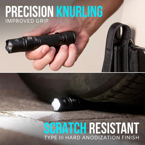 TX11 Tactical Flashlight With Duty Belt Holster, 1600 Lumen LED, shown with knurling grip and durable shell under tire