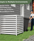 42 Inch High By 38 Inch Wide Three Panel Air Conditioner Fence Panels For Outdoor Privacy Screens Pool Equipment Enclosure And Trash Can Screens Kit Easy Install For Backyard Patio White Heavy Duty Steel With Waterproof Coating shown as trash can enclosure in backyard.