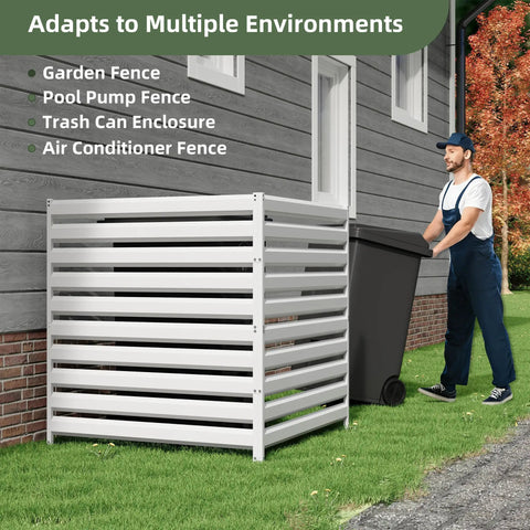 42 Inch High By 38 Inch Wide Three Panel Air Conditioner Fence Panels For Outdoor Privacy Screens Pool Equipment Enclosure And Trash Can Screens Kit Easy Install For Backyard Patio White Heavy Duty Steel With Waterproof Coating shown as trash can enclosure in backyard.