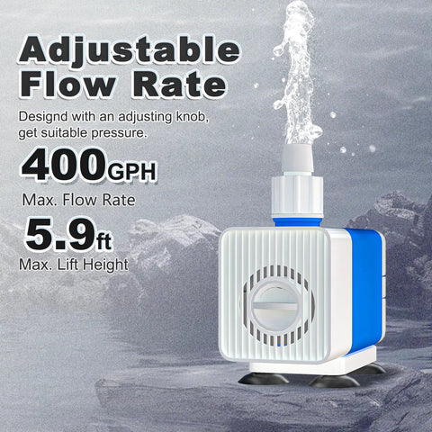 Fountain Pump 400GPH Submersible Water Pump 25W With 6 Point 5 Ft Cord showing adjustable flow rate feature in action.