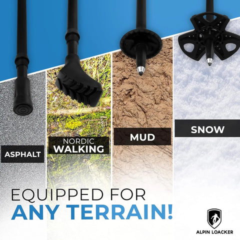 Ultra Lightweight Aluminum Collapsible Trekking Poles With Cork Grips shown adaptable for asphalt, walking, mud, snow.