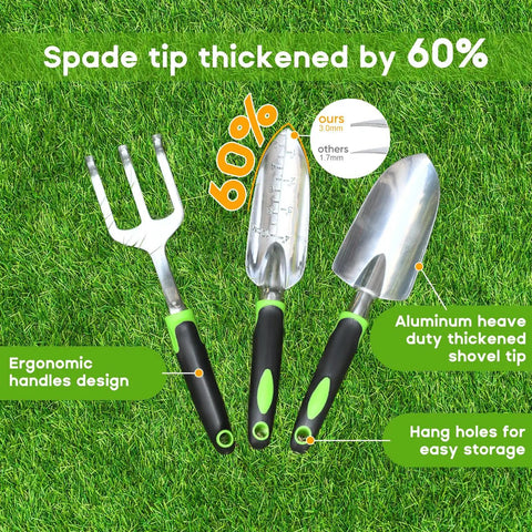 Three Piece Aluminum Garden Tool Set Heavy Duty Trowel Transplant Trowel Cultivator Hand Rake With Soft Rubberized Non Slip Ergonomic Handles on grass