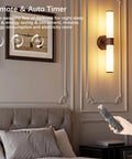 8000mAh Walnut Battery Operated Wall Sconces Set of 2, Dimmable Rechargeable Wall Sconce with Remote, 20 Inch Wireless White Glass Shade Wall Light for Bedroom Living Room Entryway (Bulbs Included) illuminated beside a bed.