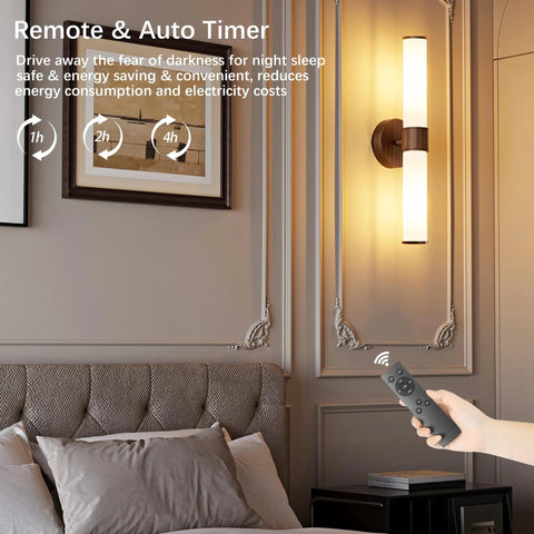 8000mAh Walnut Battery Operated Wall Sconces Set of 2, Dimmable Rechargeable Wall Sconce with Remote, 20 Inch Wireless White Glass Shade Wall Light for Bedroom Living Room Entryway (Bulbs Included) illuminated beside a bed.
