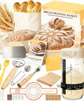 No Brainer All In One Sourdough Starter Kit For Beginners with banneton baskets, bread sling, starter jar, whisk, scrapers, stencils.