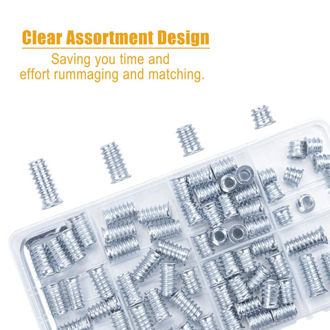 1/4-20 Threaded Wood Inserts Kit With 75 Pieces, Hex Drive Nut Inserts in assorted sizes inside clear organizer box