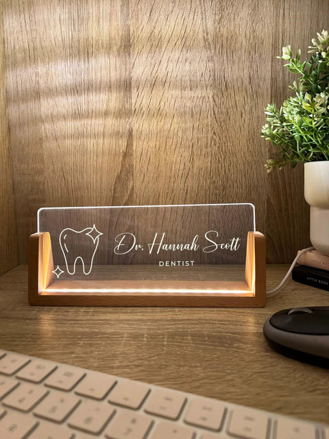 Custom Name And Title Desk Name Plate With LED Light Wood Holder For Dentist Doctor Hygienist Nurse Front Desk Sign Plaque