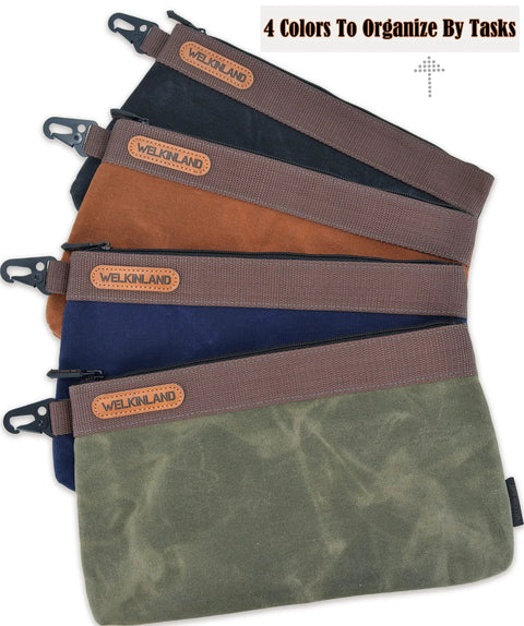 Four Pack 12 Inch Waxed Canvas Tool Pouches With Zippers Heavy Duty Waterproof Outdoor Tool Bags Set in four colors