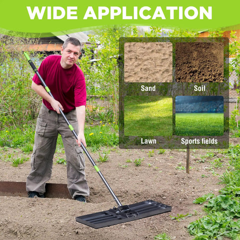 Person using the Beefy Heavy Duty Lawn Leveling Rake With 30 By 10 Inch Ground Plate And 6 Foot Adjustable Handle Rust Resistant Stainless Steel Yard Leveler in a garden.