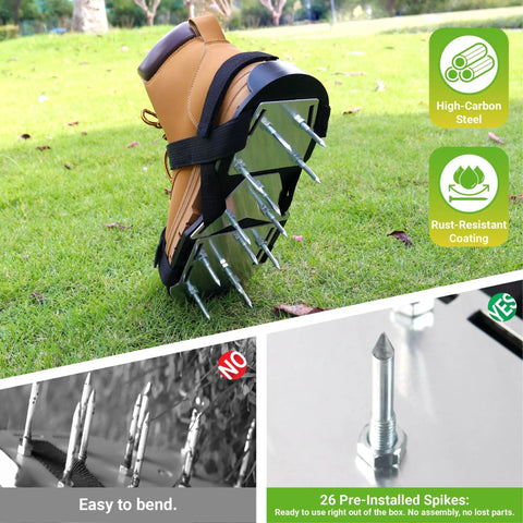 Preassembled Lawn Aerator Shoes With Metal Reinforced Base Plate And Anti Slip Straps, Adjustable Fit For US Sizes 6 To 12, Durable Spike Design For Grassy Yards Gardens And Patios, Easy On And Off shown on grass with metal spikes.