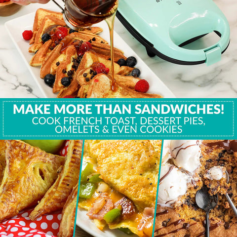 Chill Mint Green MyMini Personal Sandwich Maker Panini Press making french toast and desserts with berries and syrup.
