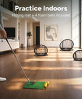 Indoor setup of Chipster Range PRO Golf Chipping Nets Portable Indoor Outdoor Practice Targets With Hitting Mat And 4 Foam Balls.