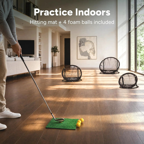 Indoor setup of Chipster Range PRO Golf Chipping Nets Portable Indoor Outdoor Practice Targets With Hitting Mat And 4 Foam Balls.