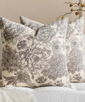 Floral Vintage Pillow Covers 24x24 Inch Set Of 2 Cream Beige Unbleached Natural Cotton Throw Pillow Covers With Block Print Design Neutral Boho Farmhouse Style For Living Room Sofa Couch Decor. Front view of two floral cotton pillow covers