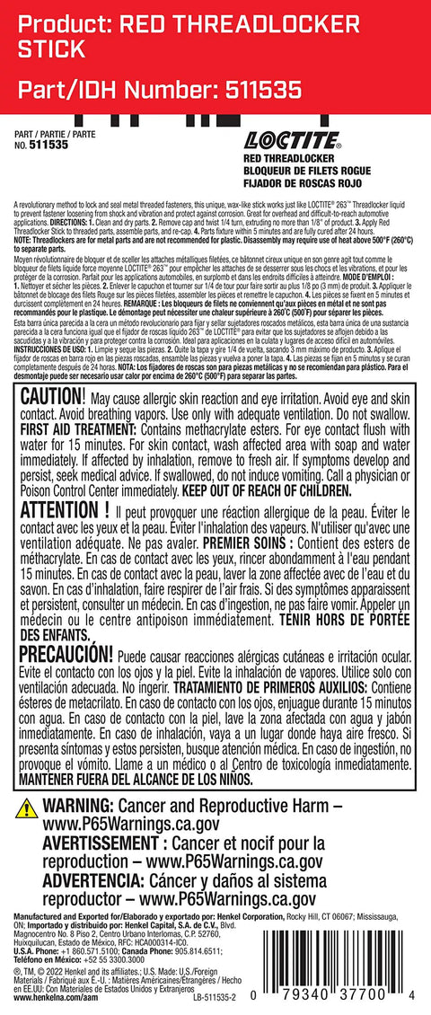 Product label for Red High Strength Threadlocker Stick With Power Bond For Heavy Duty Fasteners, Wax Based Adhesive.