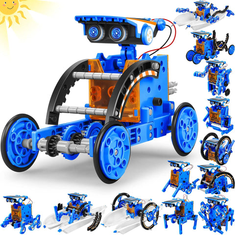 Blue and orange Solar Powered 13 In 1 Robot Kit For Kids 8 Plus in various configurations with solar energy module.