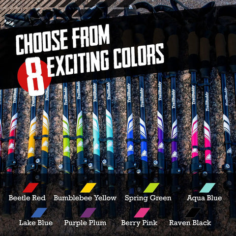Lightweight 7075 Aluminum Trekking Poles in 8 colors including Beetle Red, Bumblebee Yellow, and Lake Blue