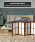 Bedroom with Grab-And-Go Walnut 2 Ft Desktop Double Cross Shoji Screen, 6-Panel Privacy Divider with rice paper and spruce frame.