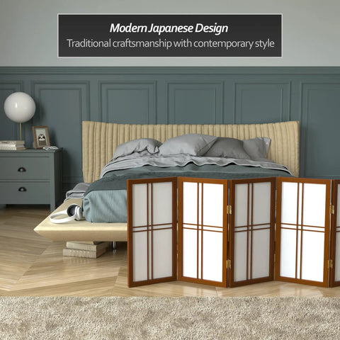 Bedroom with Grab-And-Go Walnut 2 Ft Desktop Double Cross Shoji Screen, 6-Panel Privacy Divider with rice paper and spruce frame.