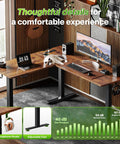 L Shaped Standing Desk With Power Outlets, A Large 63 By 55 Inch Corner Computer Desk For Home Office, with speakers and decor