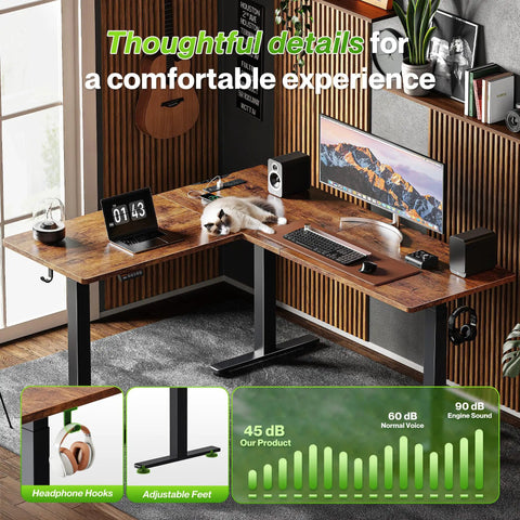 L Shaped Standing Desk With Power Outlets, A Large 63 By 55 Inch Corner Computer Desk For Home Office, with speakers and decor