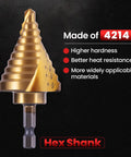 Six Piece HSS 4241 Titanium Coated Step Drill Bit with hex shank, highlighting hardness and heat resistance, for metal wood plastic.