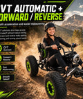 Super Slick 212cc Gas Powered Off-Road Go Kart For Teens And Adults That Hits 35 MPH With A Mighty 7.5 HP Engine, showing CVT automatic system and forward/reverse feature.