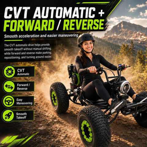 Super Slick 212cc Gas Powered Off-Road Go Kart For Teens And Adults That Hits 35 MPH With A Mighty 7.5 HP Engine, showing CVT automatic system and forward/reverse feature.