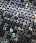 Peel And Stick Backsplash Tiles For Kitchen, Bath, And Fireplace With Plaid Glass In Starry Sky Black, 5 Sheets, 3D Metal Texture, Heat And Moisture Resistant, showing detailed 3D texture and reflective plaid glass surface.