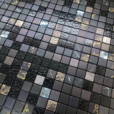 Peel And Stick Backsplash Tiles For Kitchen, Bath, And Fireplace With Plaid Glass In Starry Sky Black, 5 Sheets, 3D Metal Texture, Heat And Moisture Resistant, showing detailed 3D texture and reflective plaid glass surface.