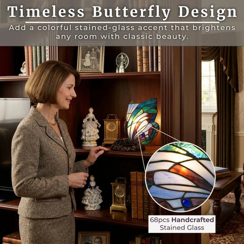 Handcrafted Stained Glass Butterfly Lamp With LED Bulb Included, Desk And Table Light in living space on wooden shelf.