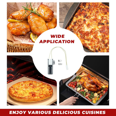 Plug And Play Gas Range Oven Igniter Replacement for Common Gas Ovens in middle with various dishes surrounding
