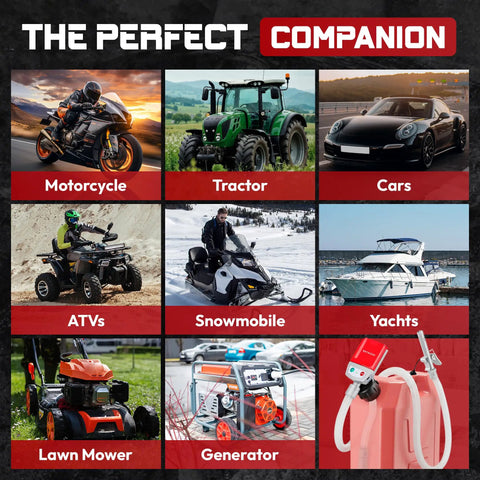No Fuss Smart Siphon Pump 3 8 Gpm Electric Fuel Transfer with various vehicles like motorcycle, tractor, and lawn mower.