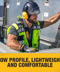 Man wearing dielectric cap mount earmuff with adjustable extendable arms and yellow earcups with black accents for safety.