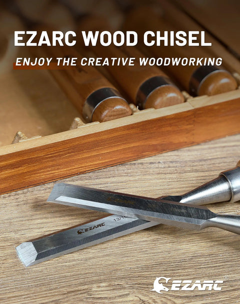 Six Piece Pro Grade Wood Chisel Set With Premium Wooden Case For Carpenters And Craftsmen displayed in beech case