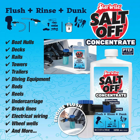 Salt Off Kit With Applicator And 32 Oz Concentrate For Marine Engine Flush And Salt Removal On Boats Trailers Fishing Gear Dive Equipment And More Ideal For Fiberglass Vinyl Painted Surfaces Metal Chrome Plastic Wood Glass And Rubber