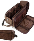 Men's Travel Toiletry Bag With Hella Roomy Compartments, Badass PU Leather Dopp Kit, Water Resistant Grooming Organizer Case For Shaving Essentials And Hygiene Gear In Dark Brown, showing spacious inner compartments.