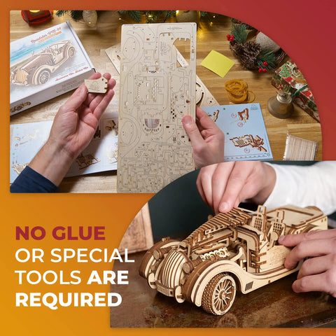 Roadster VM-01 3D Wooden Puzzle Kit For Gearheads Realistic Moving Parts Handcrafted Mechanical Model Car Build Your Own Wooden Ride Fun Challenge For Adults And Teens, laser-cut wood parts