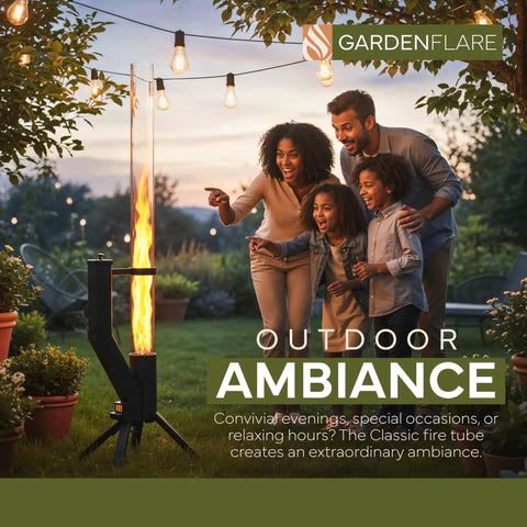 Family enjoying Stainless Steel Pellet Stove Smokeless Firepit For Ambiance On The Patio with glowing flame at dusk