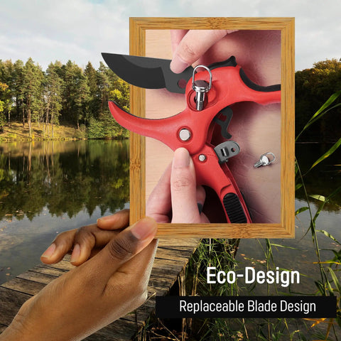 Close-up of Ratchet Pruning Shears With 3X Cutting Power Heavy Duty Anvil Pruners Replaceable Blade against a nature background