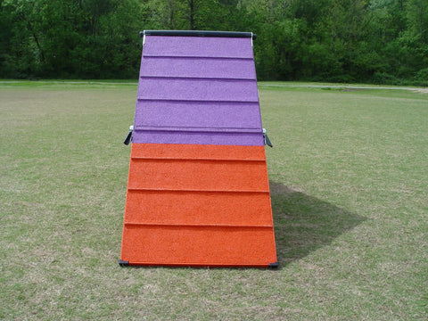 Five Foot Dog Agility A Frame With Rubber Surface On Aluminum Support Panels In Purple And Orange for training on grass