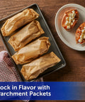 No Sweat Baking Unbleached Parchment Paper 45 Square Feet Roll used to wrap food on a baking sheet for flavor locking.