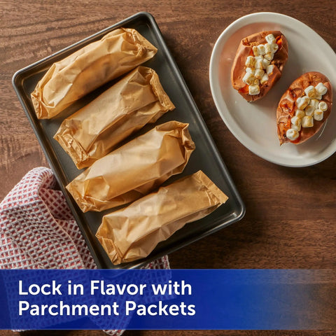 No Sweat Baking Unbleached Parchment Paper 45 Square Feet Roll used to wrap food on a baking sheet for flavor locking.