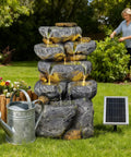Solar Powered 5 Tier Rock Water Fountain With LED Lights, Outdoor Garden Cascade for Backyard, 24 Inch Tall, resin material