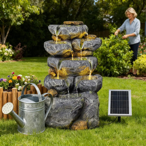 Solar Powered 5 Tier Rock Water Fountain With LED Lights, Outdoor Garden Cascade for Backyard, 24 Inch Tall, resin material