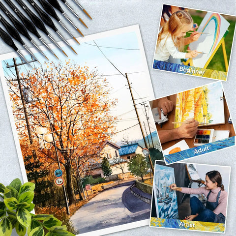 Miniature Detail Painting Brush Set 10 Fine Point Brushes For Your Tiny Models And Figurines Great For Acrylic Watercolor Oil Paint By Number Rock Painting And Craft Projects with painted autumn scene and artists of different skill levels